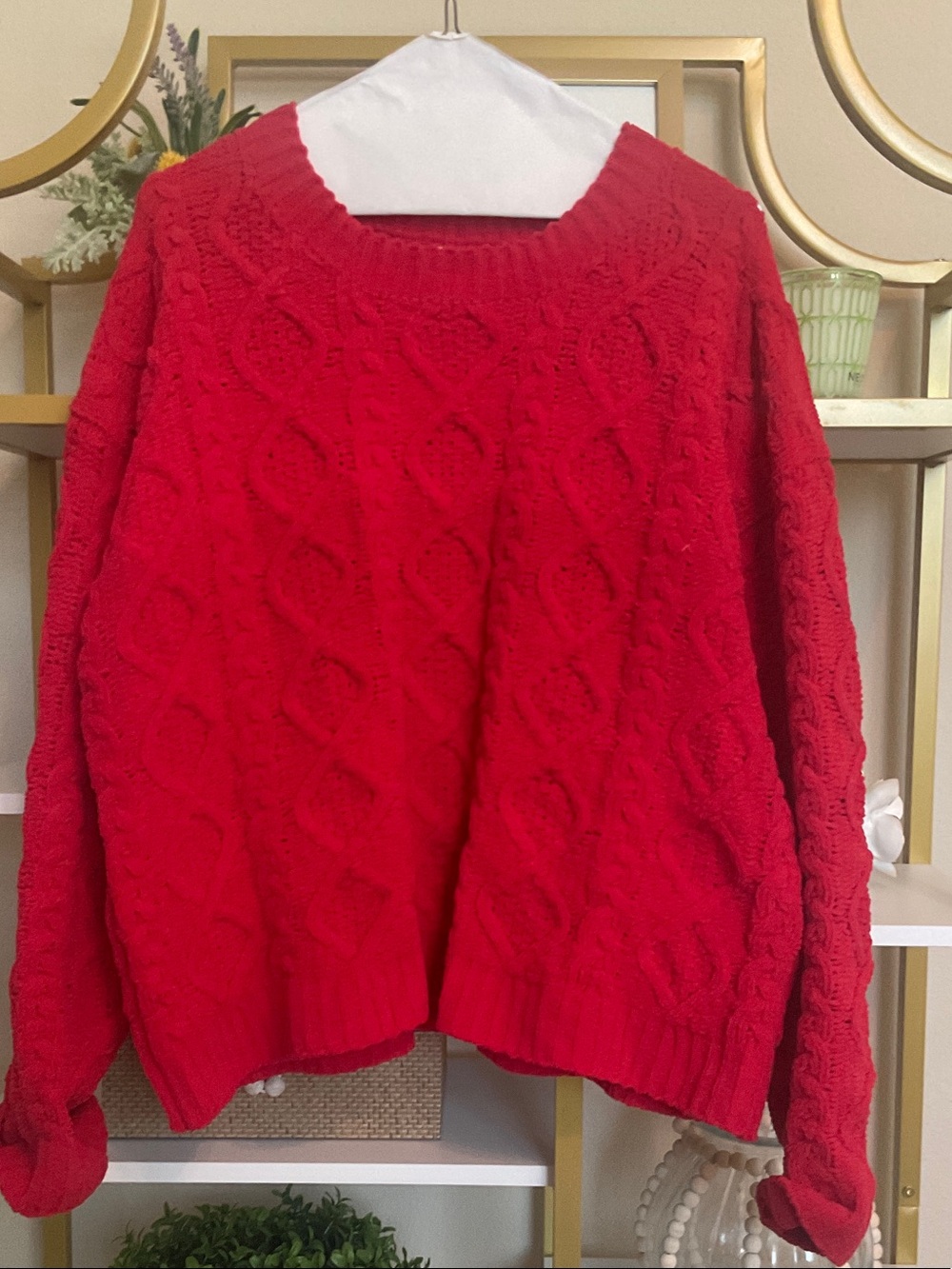 POL Red Cable Knit Crewneck Sweater